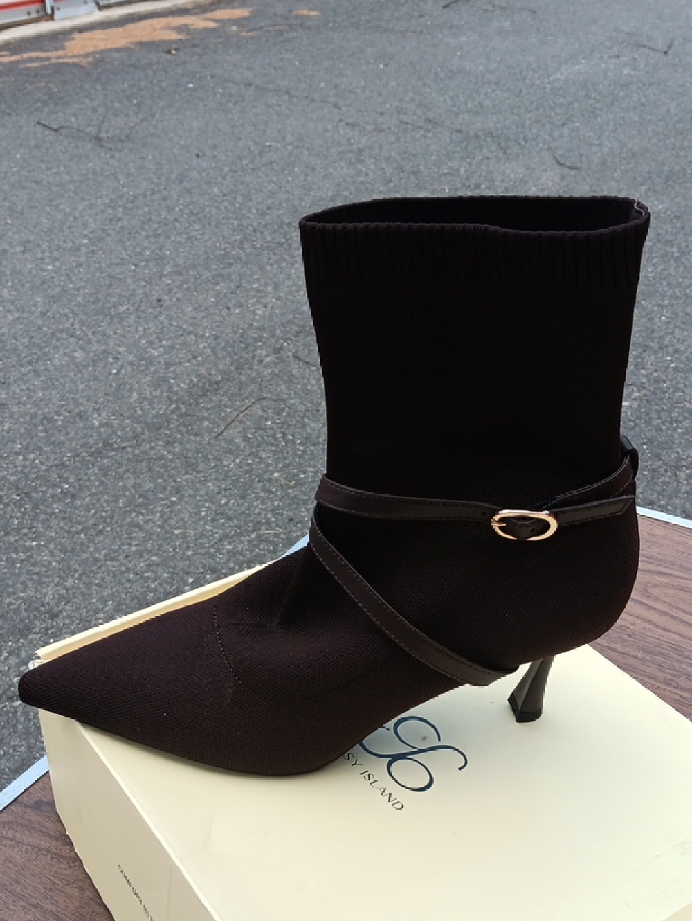 Pointed-Toe Black Knit Ankle Boot with Wrap Strap